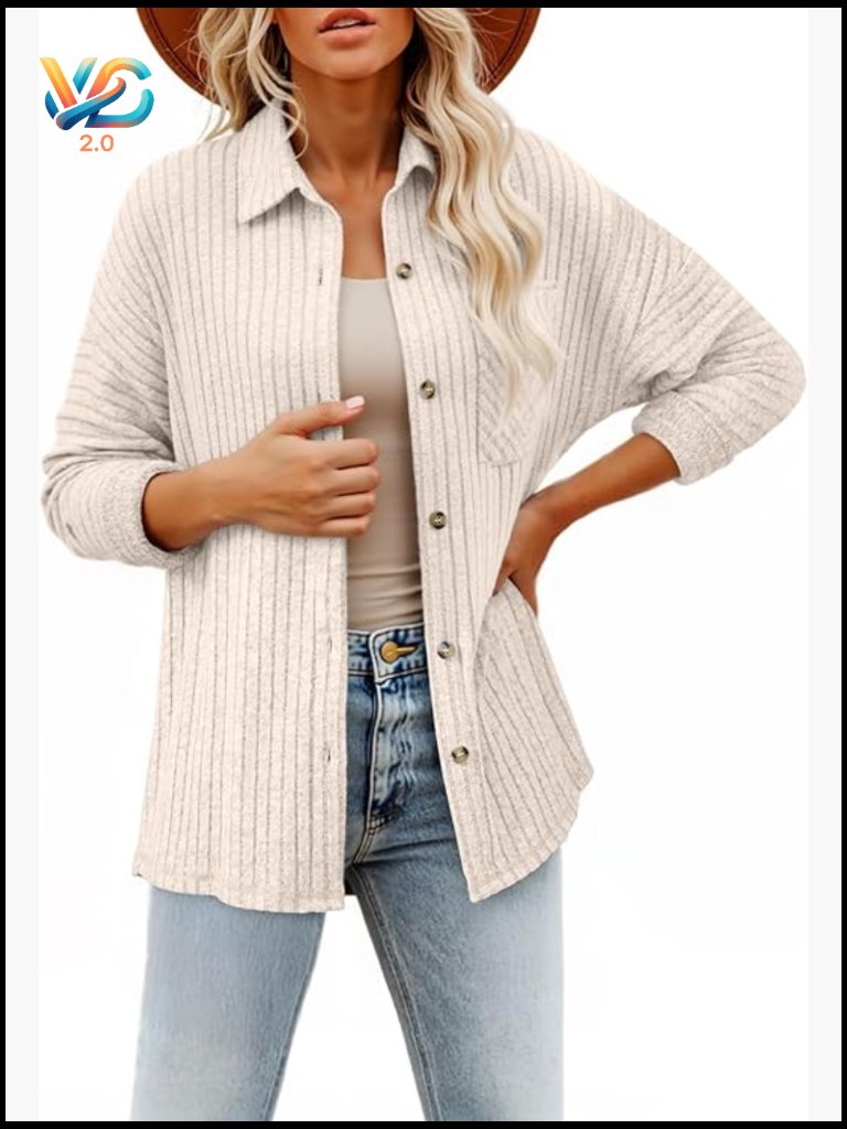 Ribbed Knit Shacket Jacket Casual Long Sleeve Button Down Loose Sweater Blouse